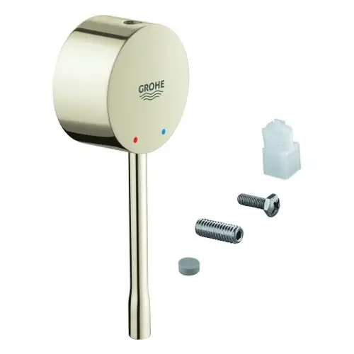 GROHE Hebel in Nickel-Optik mit roten und blauen Markierungen, dazu Schrauben und Montagezubehör auf hellem Hintergrund.