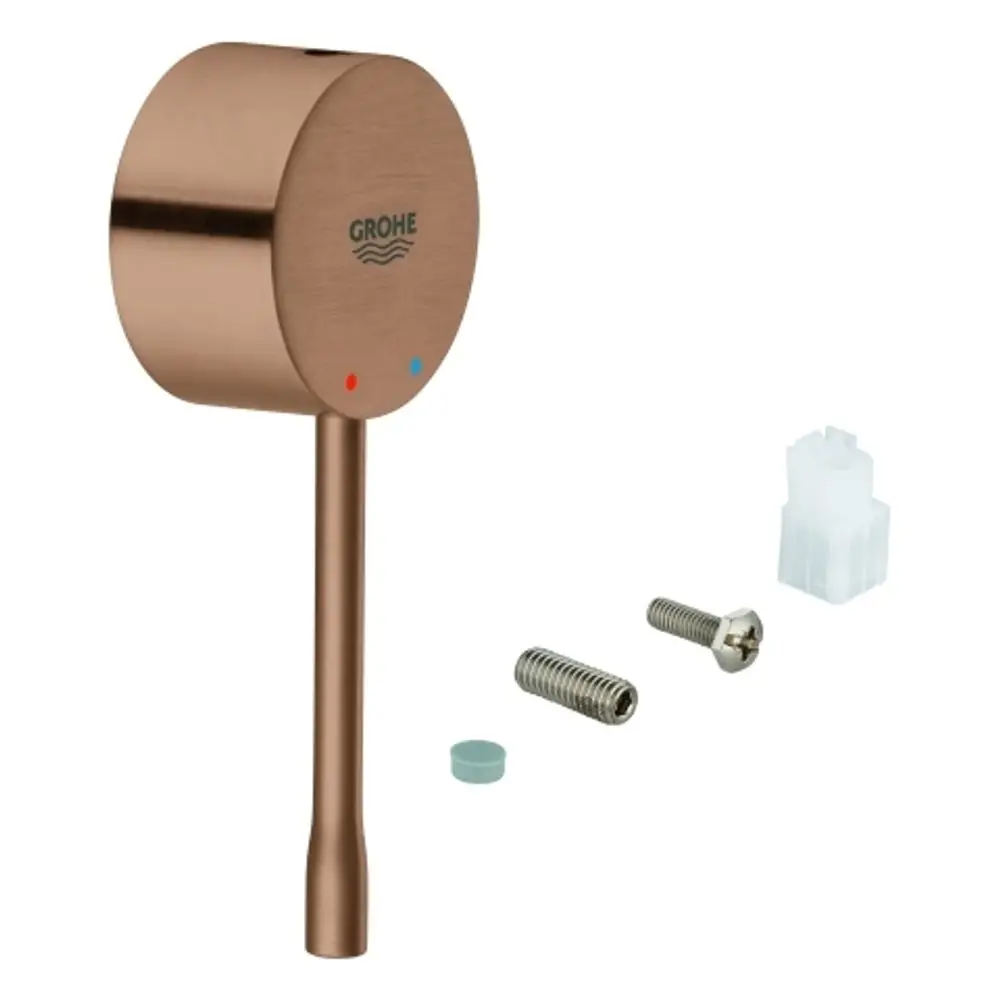 GROHE-Hebel in gebürstetem Kupfer-Finish mit blauen und roten Markierungen, zwei Schrauben, einem Silikonring und einem elektrischen Stecker.