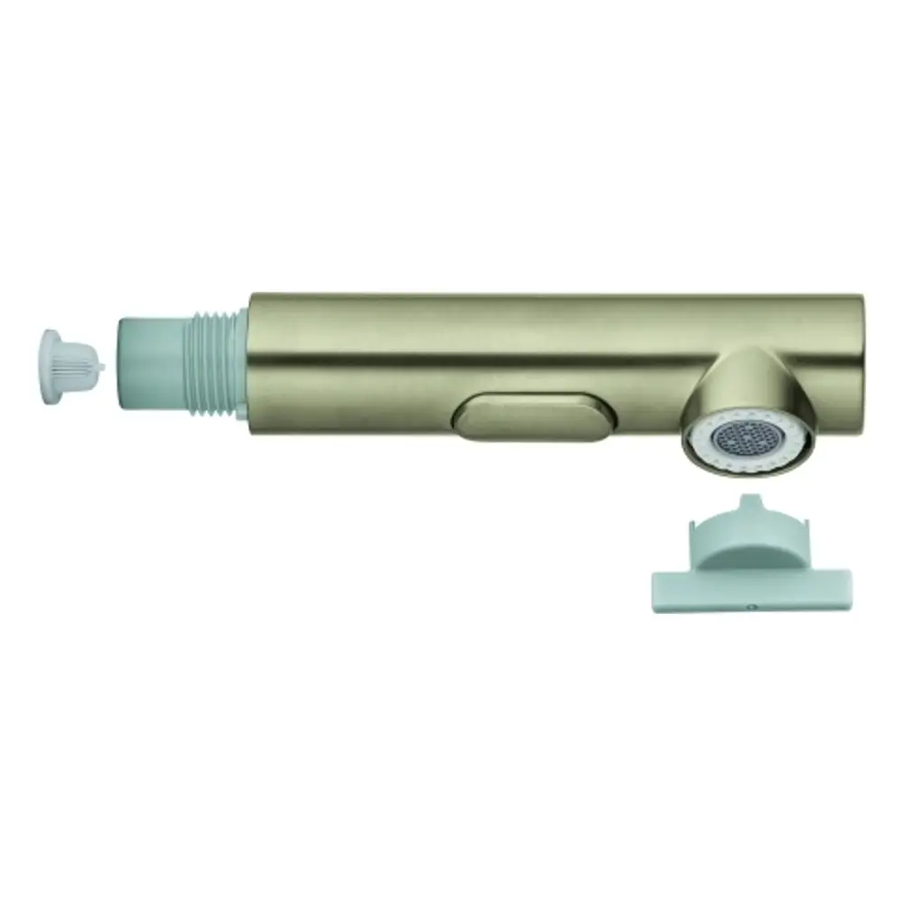 GROHE Spülbrause in gebürstetem Nickel, bestehend aus einem runden Kopf mit Sprüldüsen und einem abnehmbaren Griff mit einem Steckmechanismus.