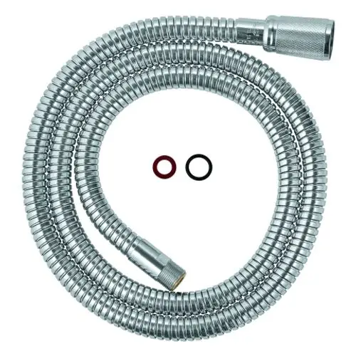 Metallener Brauseschlauch von Grohe, spiralförmig, mit zwei O-Ringen in rot und schwarz, geeignet für Sanitäranwendungen.