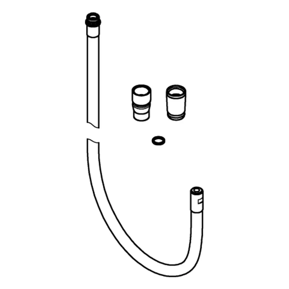 Brauseschlauch von Grohe mit Verbindungselementen, einem O-Ring und einer gebogenen Form, dargestellt in schematischer Zeichnung.