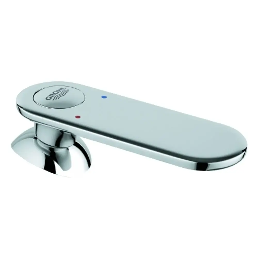 Chromfarbener Hebel von Grohe mit rotem und blauem Indikator für warmes und kaltes Wasser. Der Hebel hat eine flache, ovale Form und ist an einem runden Unterbau befestigt.