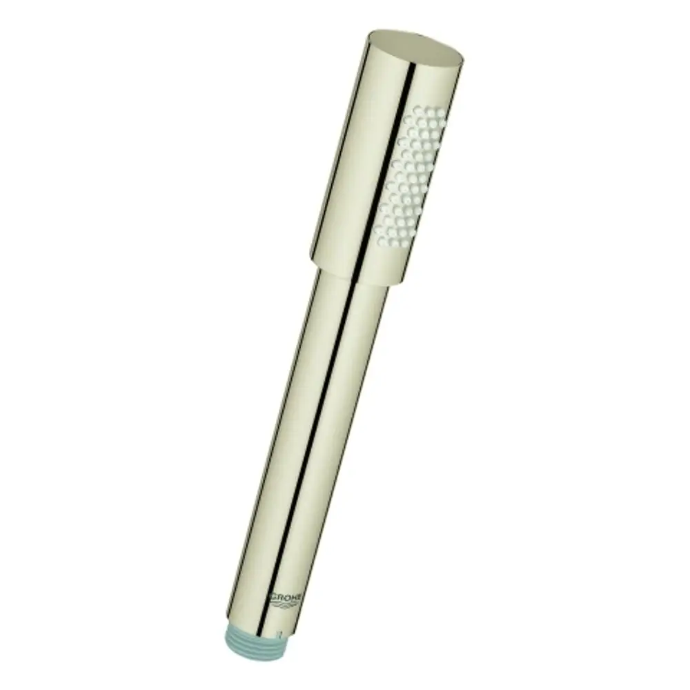Grohe Handbrause mit langem, schlanken Metallgriff und strukturierter Oberfläche für den Wasserfluss, in einem eleganten Nickel-Finish.