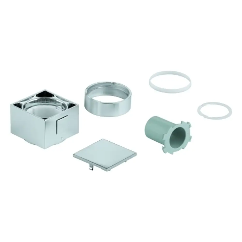 GROHE Umschalter mit eckigem Design, bestehend aus mehreren Einzelteilen wie einem chromfarbenen Griff, einer Basis, Dichtungen und anderen Montagekomponenten.
