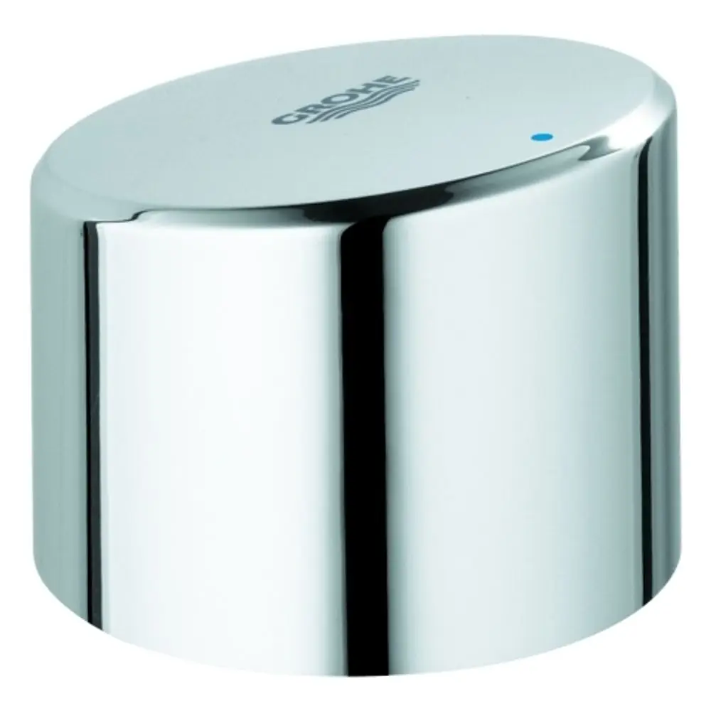 Heller, runder Griff aus verchromtem Material von Grohe, mit einer glatten Oberfläche und einem blauen Punkt auf der Oberseite.