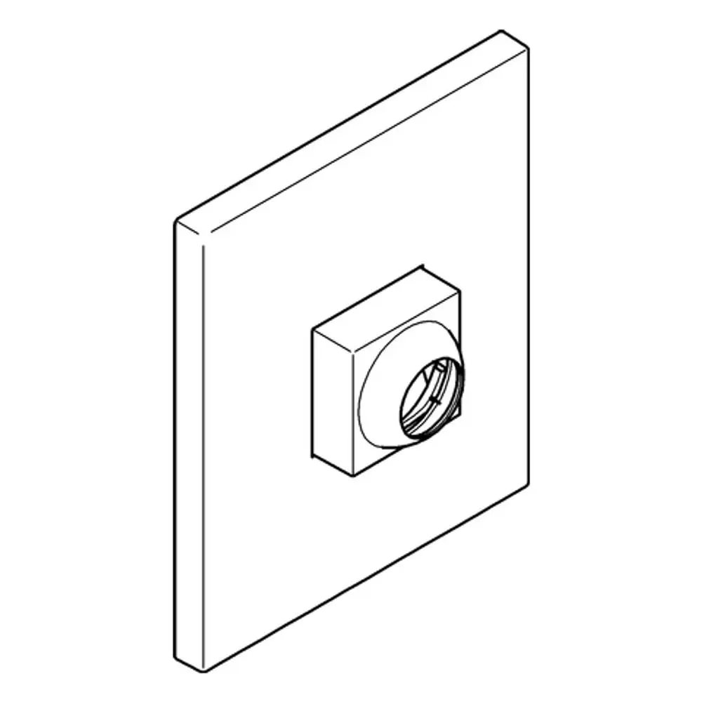 Wandmontierte Rosette in chromfarbenem Finish mit quadratischem und runden Ausschnitt. Teil eines Grohe-Systems für Wasseranschlüsse.