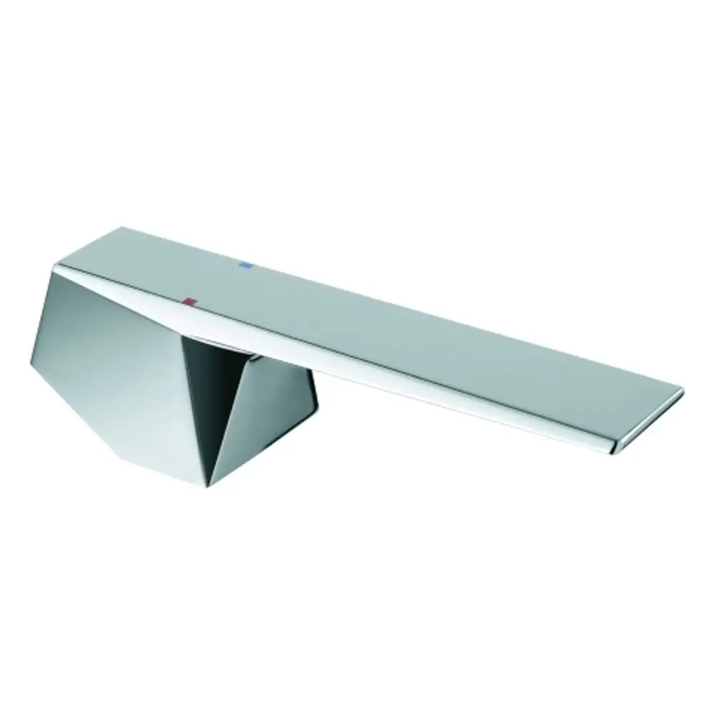 Grohe Hebel in chrom, mit flacher, rechteckiger Form und einem geometrischen Sockel. Die Steuerung für Warm- und Kaltwasser ist durch farbige Markierungen gekennzeichnet.