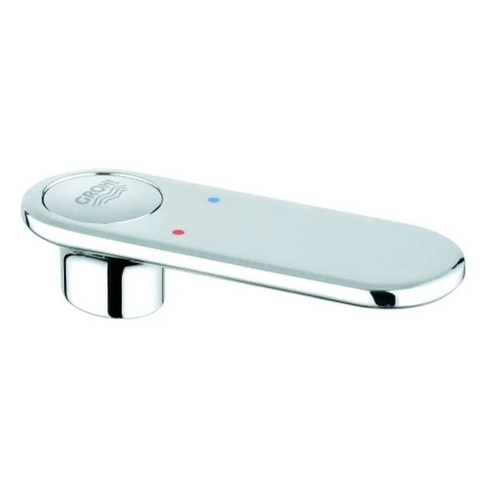 GROHE Hebel in Chrom mit roten und blauen Markierungen auf der Oberfläche, zur Anzeige von Warm- und Kaltwasser. Glatte, elegante Form mit einer seitlichen Anschraubung.