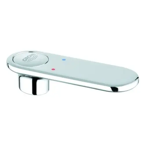 GROHE Hebel in Chrom mit roten und blauen Markierungen auf der Oberfläche, zur Anzeige von Warm- und Kaltwasser. Glatte, elegante Form mit einer seitlichen Anschraubung.
