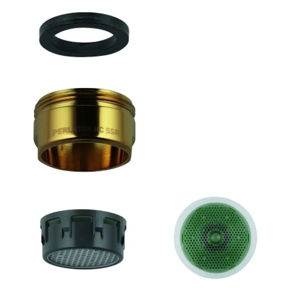 Goldfarbener Strahlregler mit mehreren Bauteilen, darunter eine Dichtung, ein Gehäuse und ein Einsatz. Teil der Produktlinie von Grohe für Wasserarmaturen.