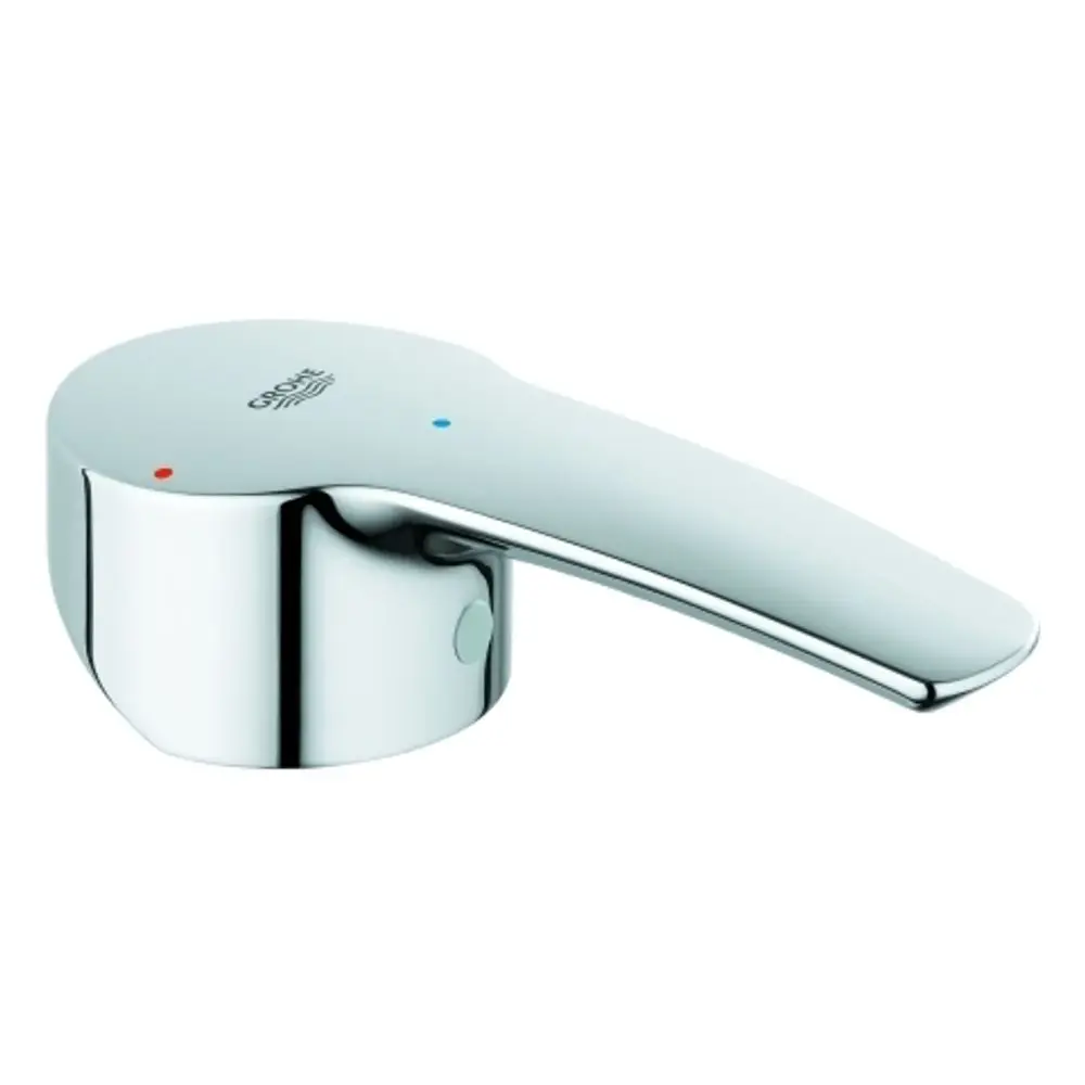 GROHE-Hebel mit einer chromfarbenen Oberfläche und roten sowie blauen Temperaturenanzeigen. Der Hebel hat eine ergonomische Form und ermöglicht eine einfache Bedienung.