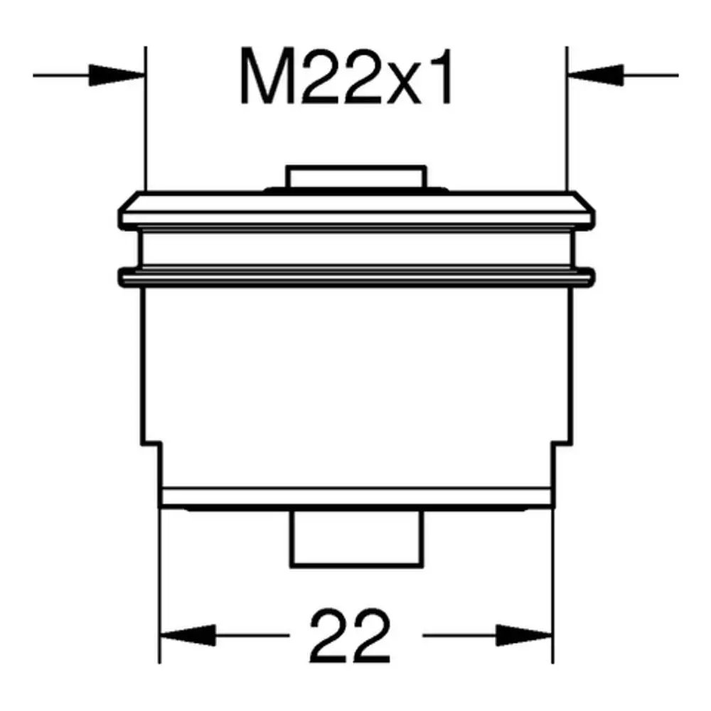 Grohe Mousseur mit zylindrischer Form und Gewindeanschluss. Vorderansicht mit Abmessungen dargestellt. Klare Linien und ein einfaches Design.