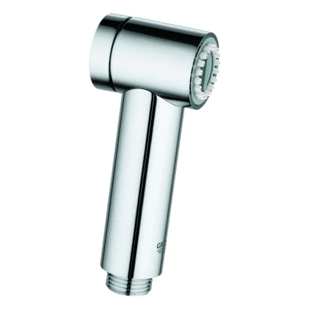 Verchromte Hygiene-Handbrause von Grohe mit einer Strahlart. Das Produkt hat einen schlanken und modernen Look.