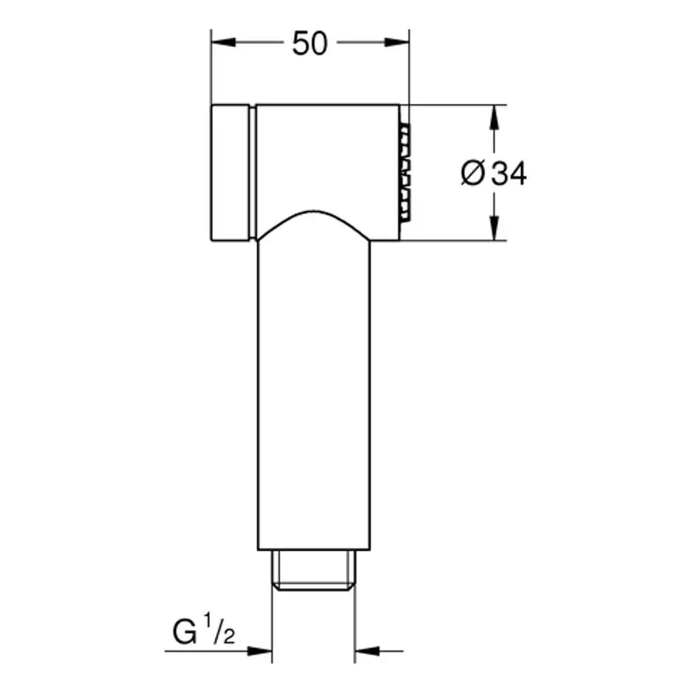 Verchromte Hygiene-Handbrause mit einem Strahl und rechteckigem Design. Markenlogo von Grohe sichtbar auf der Oberseite. Anschluss G 1/2 unten.