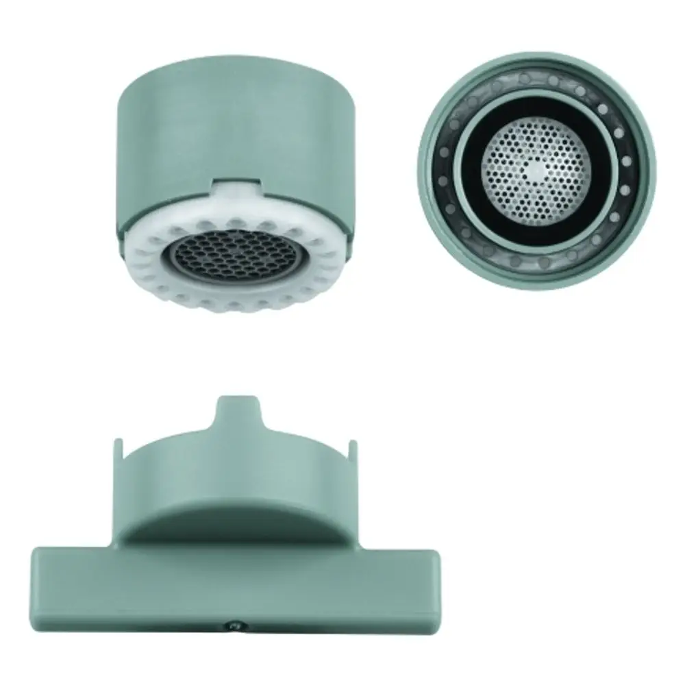 Grohe Strahlregler in mintgrün, bestehend aus mehreren Komponenten, einschließlich des Hauptteils und einer Montagebasis. Ideal für Wasserhähne zur Regulierung des Wasserstrahls.