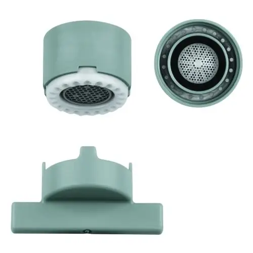 Grohe Strahlregler in mintgrün, bestehend aus mehreren Komponenten, einschließlich des Hauptteils und einer Montagebasis. Ideal für Wasserhähne zur Regulierung des Wasserstrahls.
