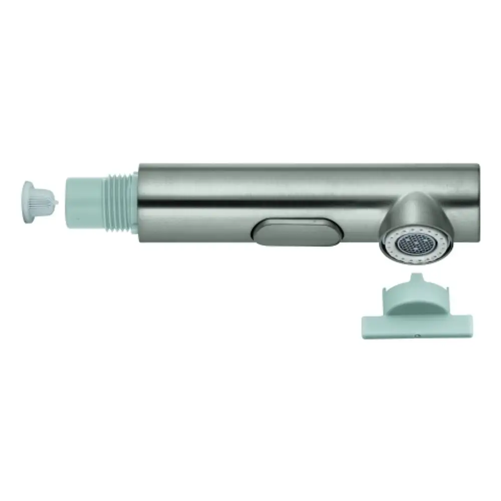 Grohe Spülbrause aus Edelstahl mit einem abnehmbaren Kopf und einem betätigbaren Schalter zur Wassersteuerung. Kompakt und funktional im Design.
