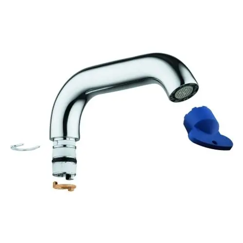 Grohe-Auslauf mit schwenkbarem Rohr, geeignet für die Verwendung mit einer Einhand-Waschtischbatterie. Der Auslauf ist in chromfarbener Ausführung.