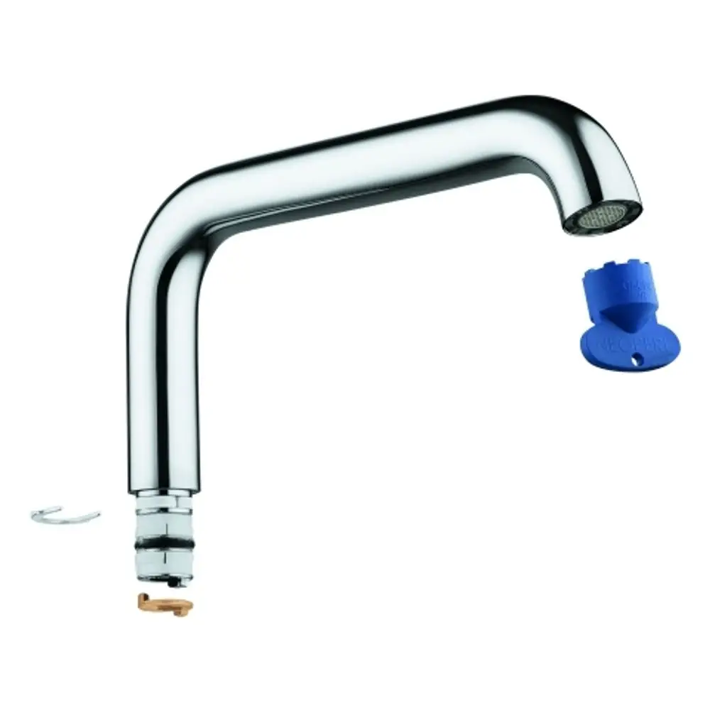 GROHE Auslauf in chrom mit gebogenem Rohr und abnehmbarem Sprühkopf. Zubehörteile umfassen einen Sicherungsring und eine blaue Kappe.