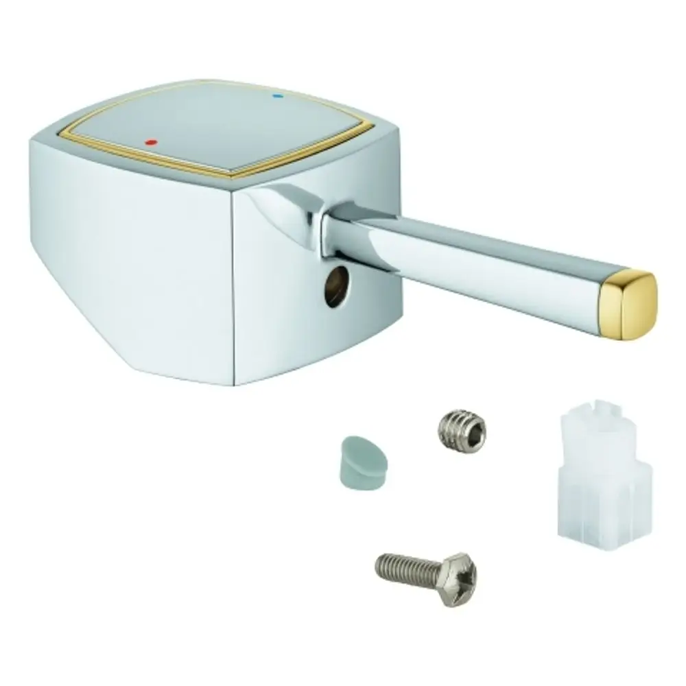 GROHE Hebel in chrom/gold mit einem rechteckigen Kopf und einem langen, glänzenden Hebel. Zubehörteile wie Schrauben und Adapter befinden sich neben dem Hebel.