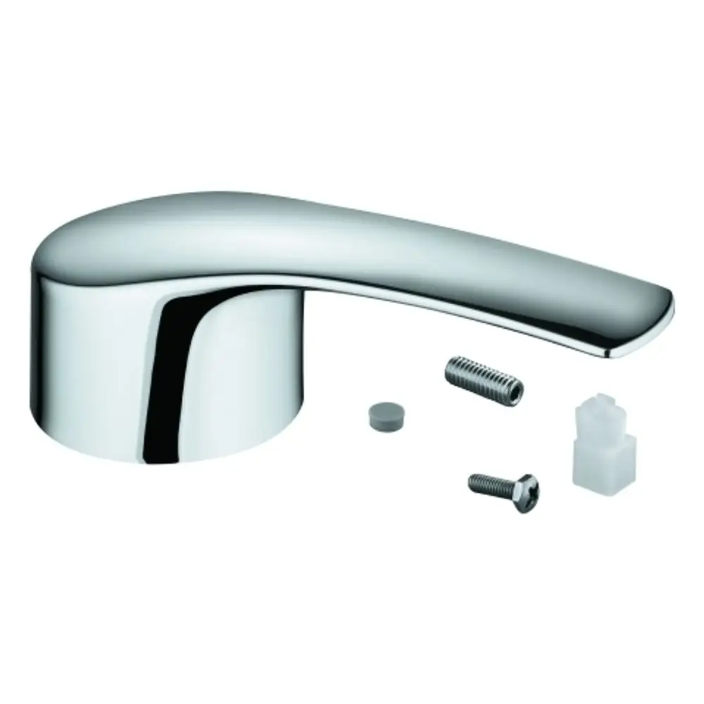 Hebel von Grohe in chromatischer Ausführung, umgeben von Montageschrauben und Zubehörteilen.