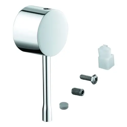 Chromfarbener Hebel von Grohe mit einer runden Kopfpartie und einem langen, schlanken Griff. Dazu gehören zwei Schrauben, eine weiße Kunststoffkomponente und ein graues Dichtungsstück.