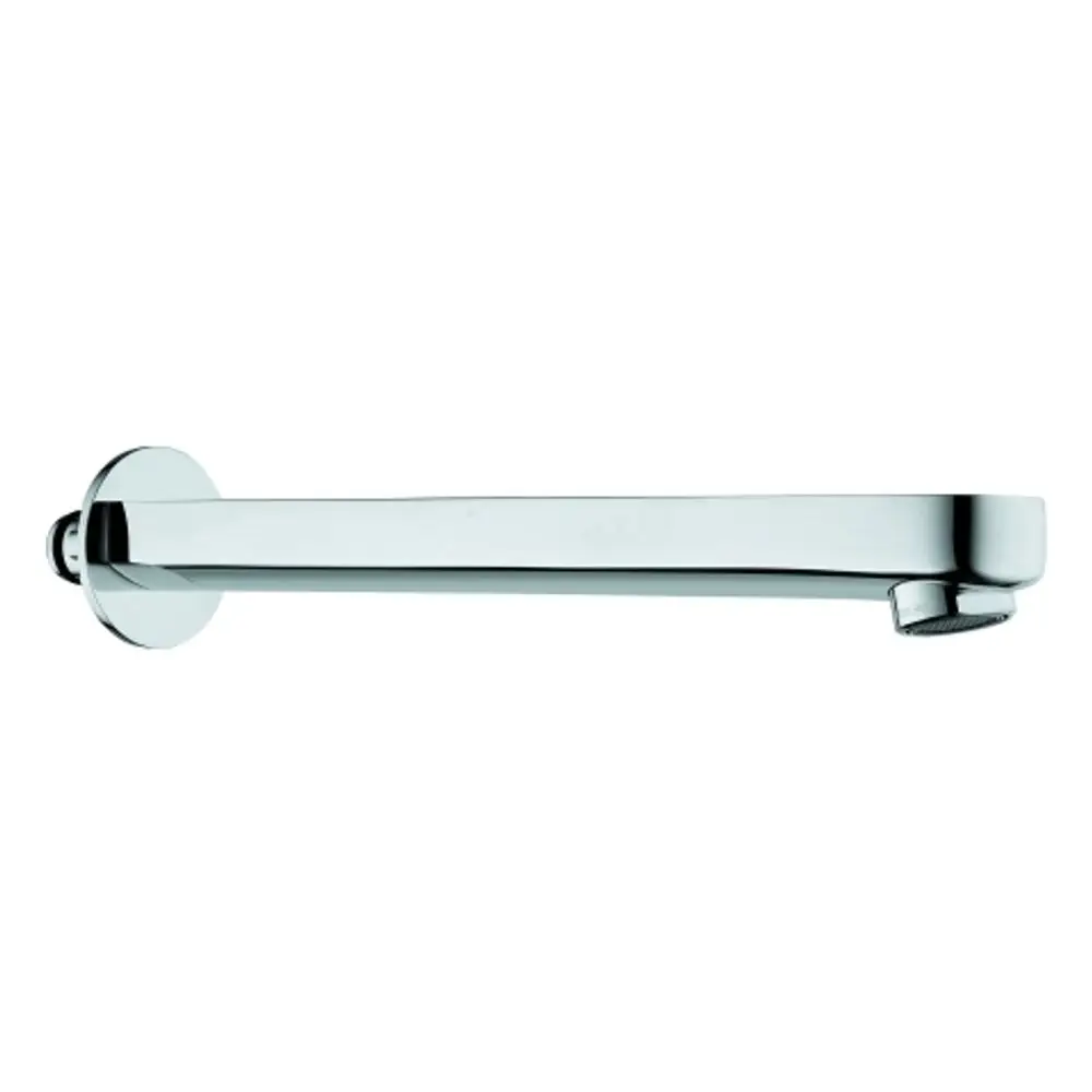 Chromfarbener Wasserhahn-Auslauf von Grohe, schlichtes Design mit flacher Form und runder Wandmontage, für Badezimmer- oder Kücheninstallation geeignet.