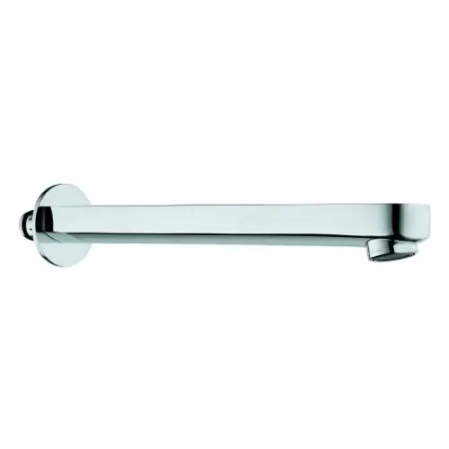 Chromfarbener Wasserhahn-Auslauf von Grohe, schlichtes Design mit flacher Form und runder Wandmontage, für Badezimmer- oder Kücheninstallation geeignet.