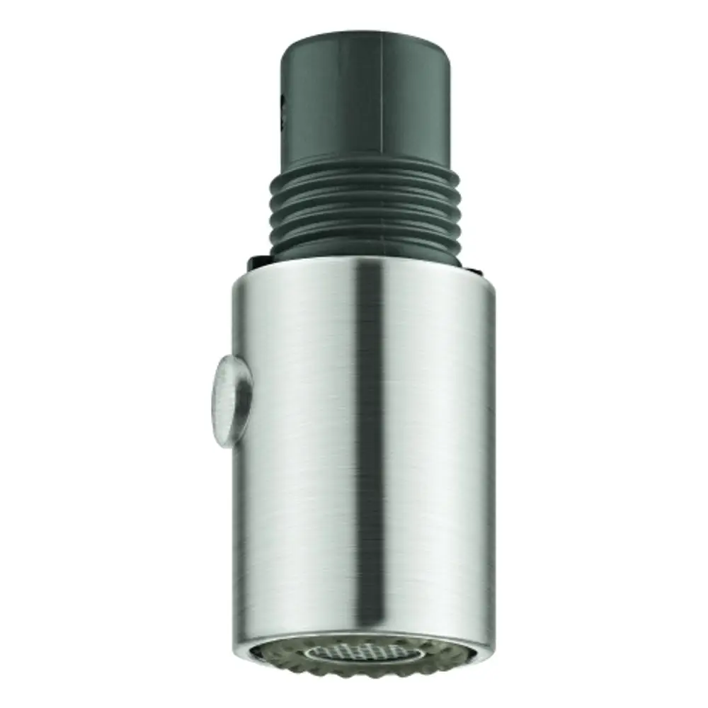 GROHE Spülbrause in Edelstahloptik mit runder, perforierter Düse und einem seitlichen Druckknopf für die Steuerung des Wasserflusses.