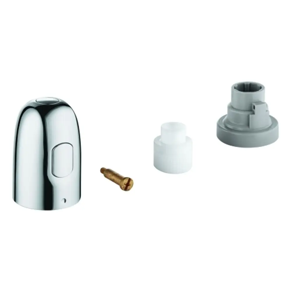 Chromfarbener Grohe Absperrgriff mit verschiedenen Komponenten, darunter ein weißer und ein grauer Adapter sowie eine Schraube.