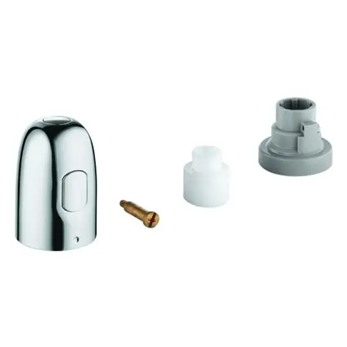 Chromfarbener Grohe Absperrgriff mit verschiedenen Komponenten, darunter ein weißer und ein grauer Adapter sowie eine Schraube.