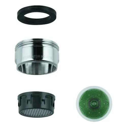 Anordnung von Bauteilen eines Grohe Strahlreglers: eine Gummidichtung, ein metallener Zylinder, eine schwarze Halterung mit integriertem Sieb und ein grünes Einsatzteil mit Lochstruktur.