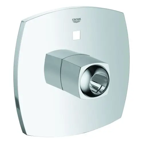 Grohe-Wandablage aus verchromtem Material mit einer quadratischen Grundfläche und einem runden Wasserhahn in der Mitte, geeignet für den Einsatz in Badezimmern.