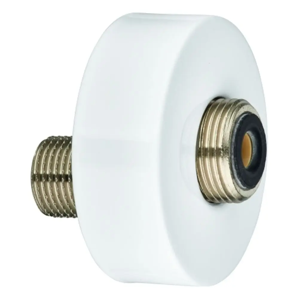 Grohe Anschlussstück in Weiß mit einem Gewinde aus Metall. Die äußere Fläche ist glatt und rund, ideal für die Verbindung von Rohrleitungen.
