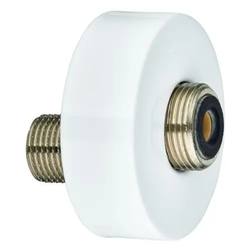 Grohe Anschlussstück in Weiß mit einem Gewinde aus Metall. Die äußere Fläche ist glatt und rund, ideal für die Verbindung von Rohrleitungen.