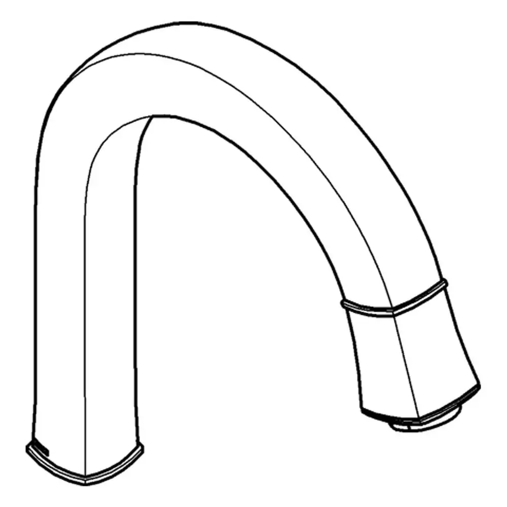 Auslauf von Grohe in gebogener Form, mit einem breiten Ansatz und abgerundeten Kanten. Das Design ist funktional und für Wasserarmaturen konzipiert.