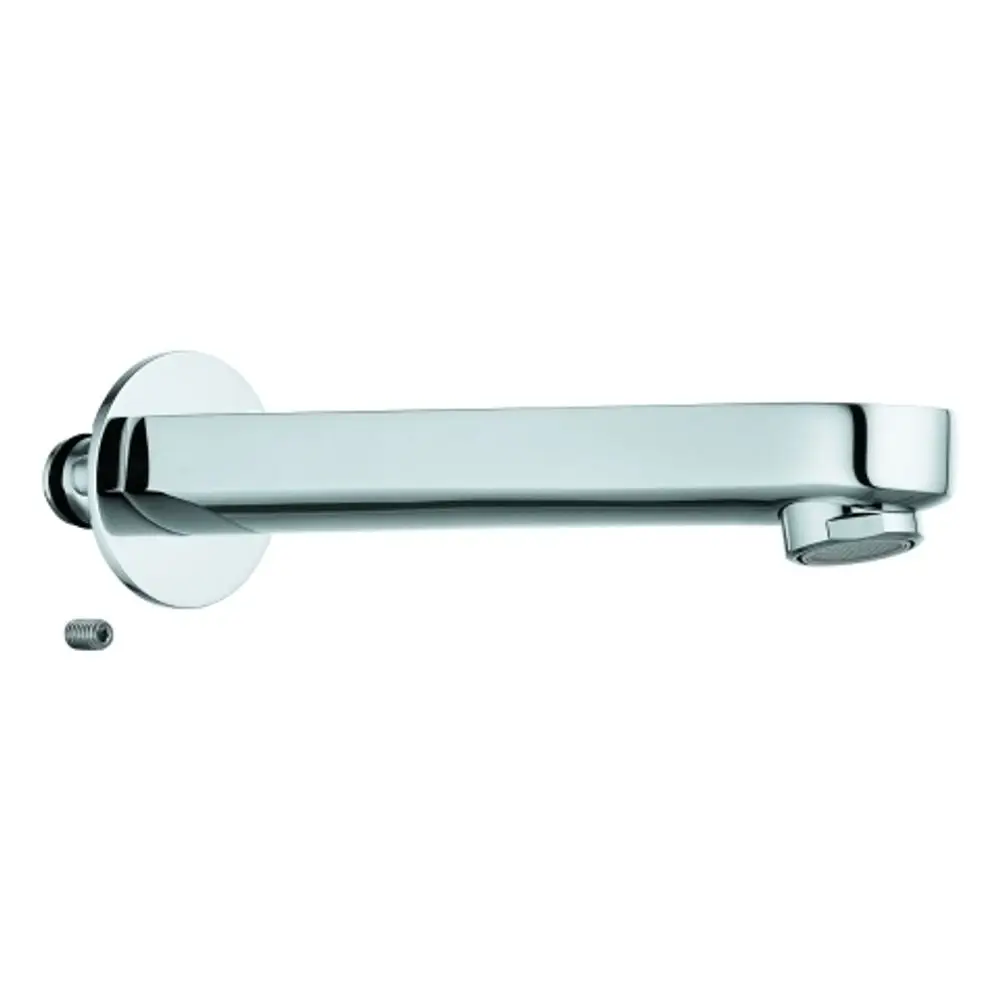 GROHE Auslauf in Chrom, mit gerader Form und runder Auslauföffnung, montiert an einer Wandbasis. Enthalten ist eine kleine Schraube.