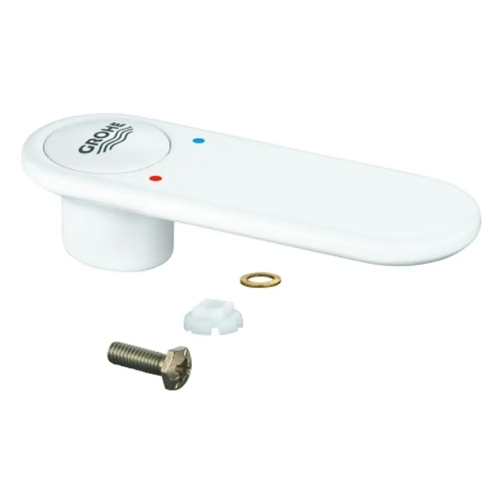 Weißer Hebel von Grohe mit roter und blauer Markierung, dazu eine Schraube, ein Kunststoffring und eine Unterlagscheibe.
