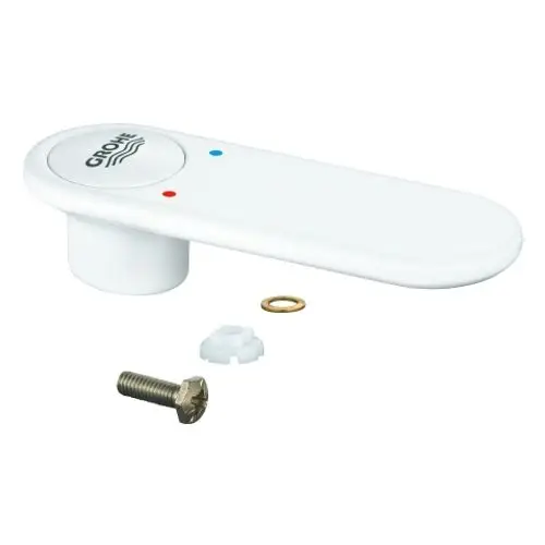 Weißer Hebel von Grohe mit roter und blauer Markierung, dazu eine Schraube, ein Kunststoffring und eine Unterlagscheibe.