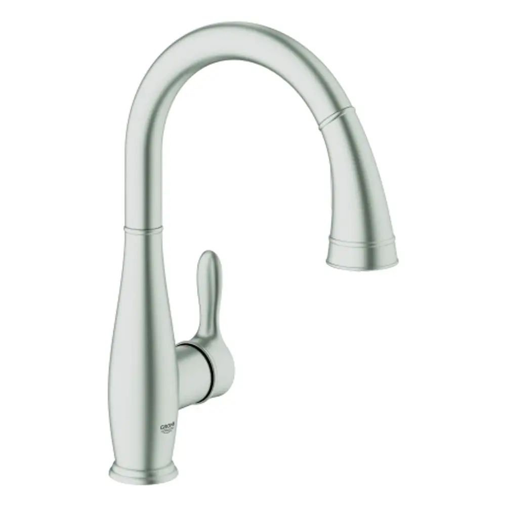 Edelstahl-Spültischbatterie von Grohe mit einem geschwungenen Auslauf und einem seitlichen Hebelmischer für die Wasserregulierung.