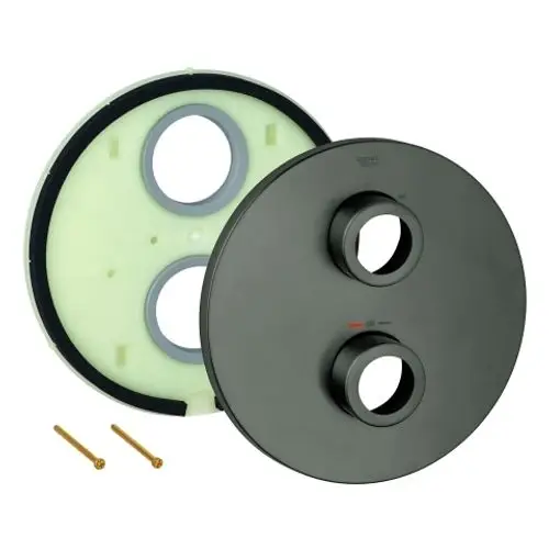GROHE Rosette in hartem Graphit, bestehend aus zwei runden Teilen mit Öffnungen, Schrauben zur Befestigung. Geeignet für Armaturenmontage.