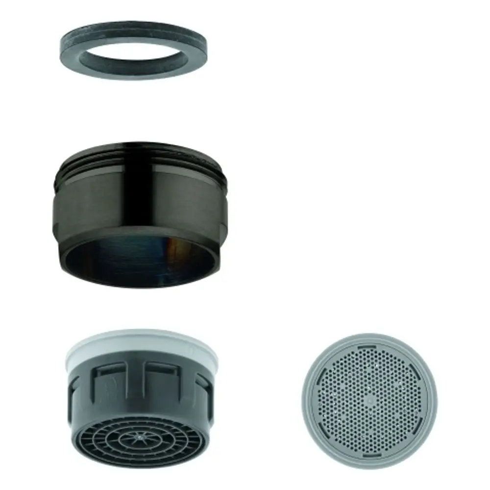 GROHE Mousseur-Teile in verschiedenen Anordnungen: eine Dichtung, ein schwarzes Gewinde-Element, ein graues Kunststoffteil und eine perforierte Abdeckung.