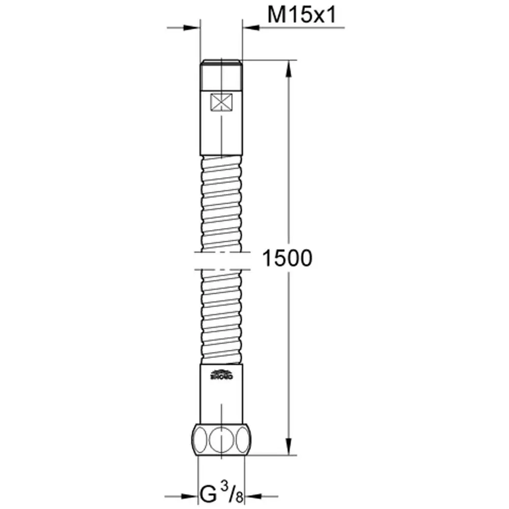 Metall-Brauseschlauch von Grohe mit gewelltem Design, Verbindung M15x1 und G3/8, Länge 1500 mm, in chromfarbener Ausführung.