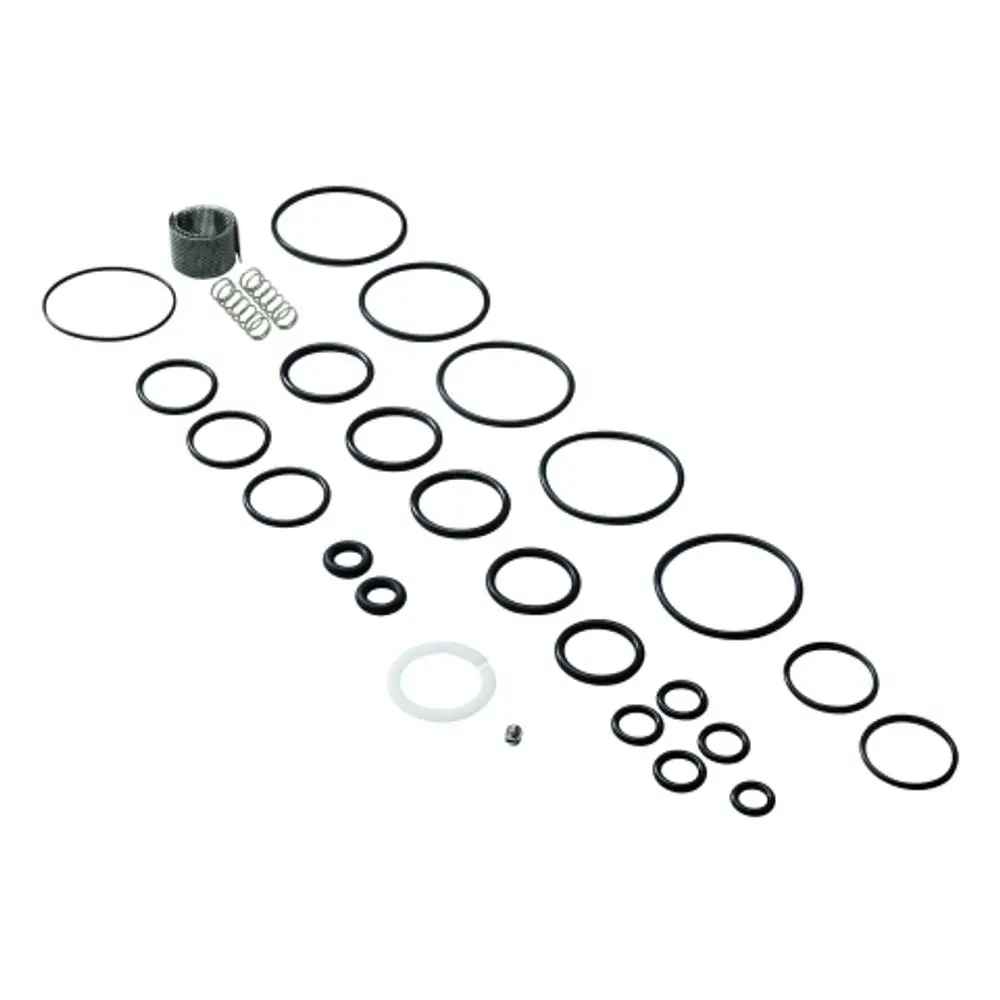 Schwarzes Dichtungsset von Grohe mit verschiedenen Dichtringen und Dichtungen in unterschiedlichen Größen, angeordnet in einer klaren Reihe auf hellem Hintergrund.