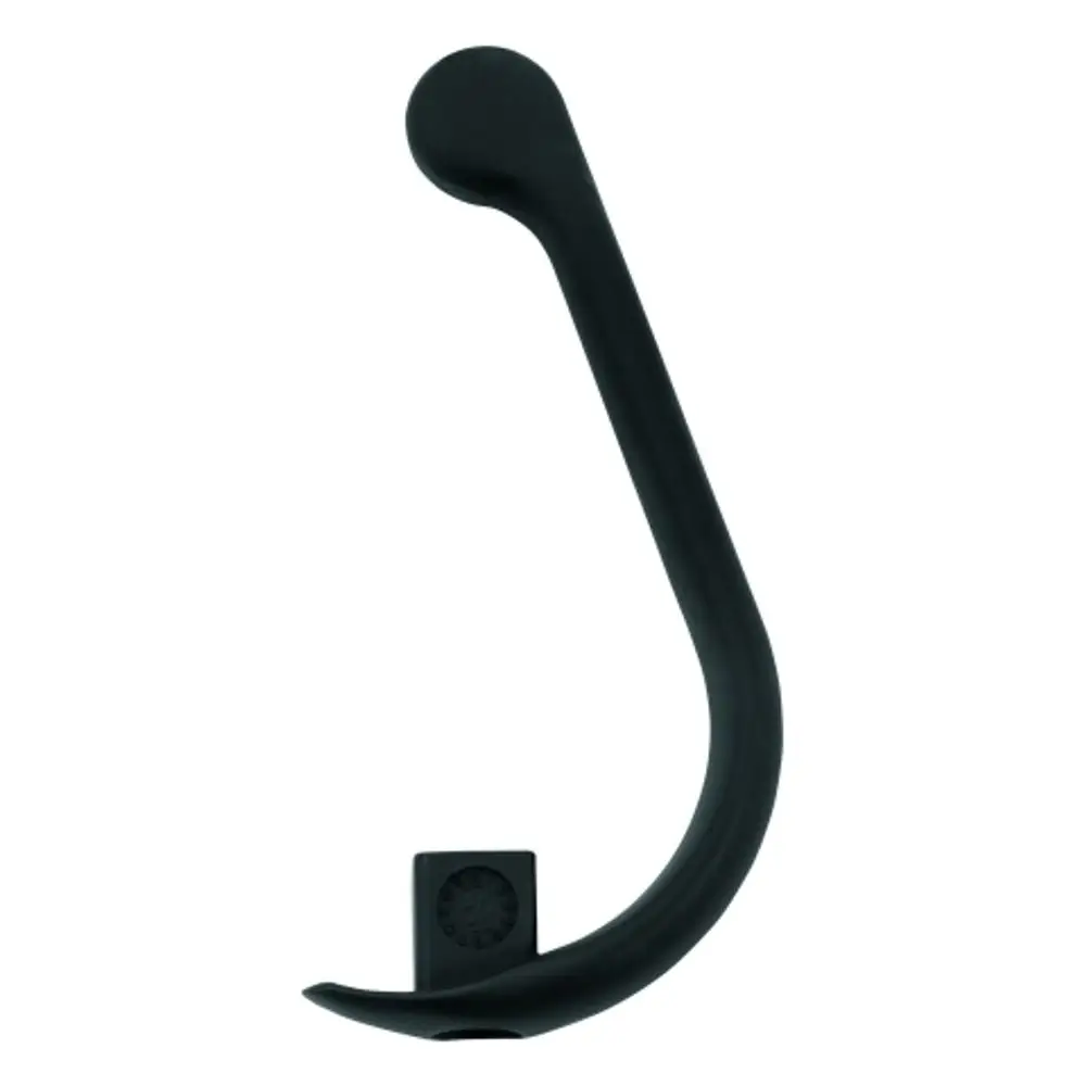Schwarzer Hebel von Grohe mit geschwungener Form, der für eine Spültischbatterie verwendet wird. Der Hebel hat eine kugelförmige Oberseite und eine rechteckige Basis.