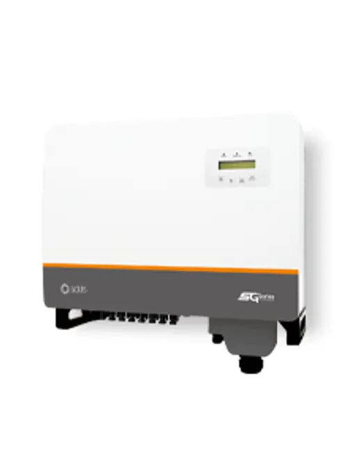 Weißer Solis Wechselrichter mit grafischer Benutzeroberfläche und mehreren Anschlüssen zur Energieumwandlung, montierbar an Wand oder Boden.