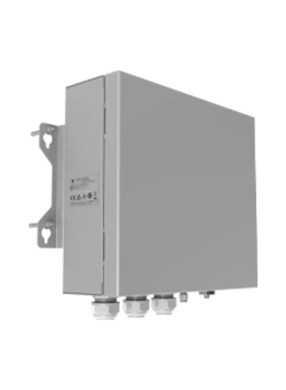 Grauäußeres Gehäuse mit mehreren Anschlussmöglichkeiten, das Montagehalterungen zeigt. HUAWEI-Branding ist sichtbar. Produkt ist für Elektroinstallationen vorgesehen.