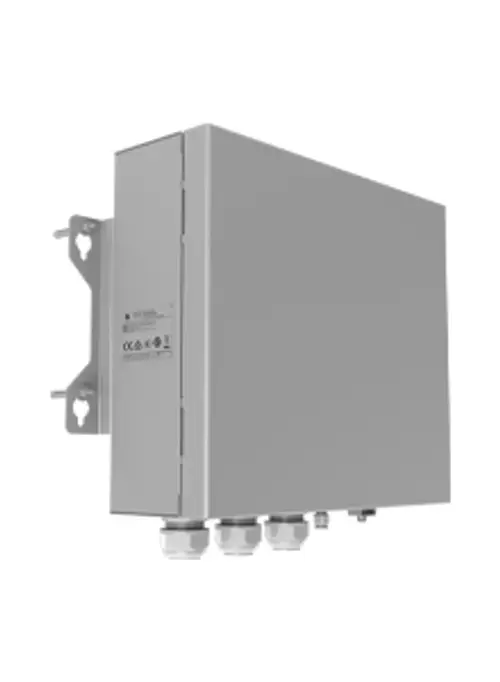 Grauäußeres Gehäuse mit mehreren Anschlussmöglichkeiten, das Montagehalterungen zeigt. HUAWEI-Branding ist sichtbar. Produkt ist für Elektroinstallationen vorgesehen.