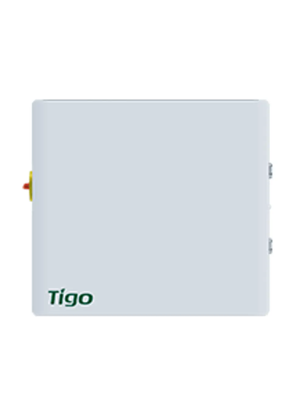 Weißes, kompaktes Gerät mit Tigo-Logo, ausgestattet mit Anschlüssen. Dient als Kommunikationszentrale für Wechselrichter, Hinweise auf andere Funktionen sind nicht sichtbar.