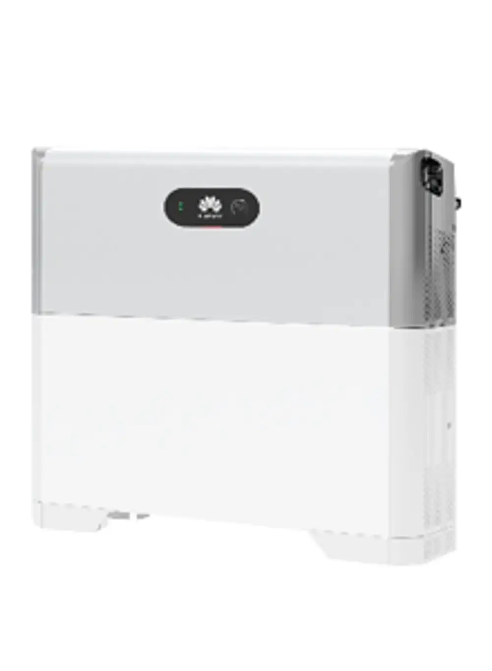 Weißes Energie-Modul mit HUAWEI-Logo, ausgestattet mit einer digitalen Anzeige zur Steuerung und Überwachung. Solides Design für Anwendung im Energiemanagement.